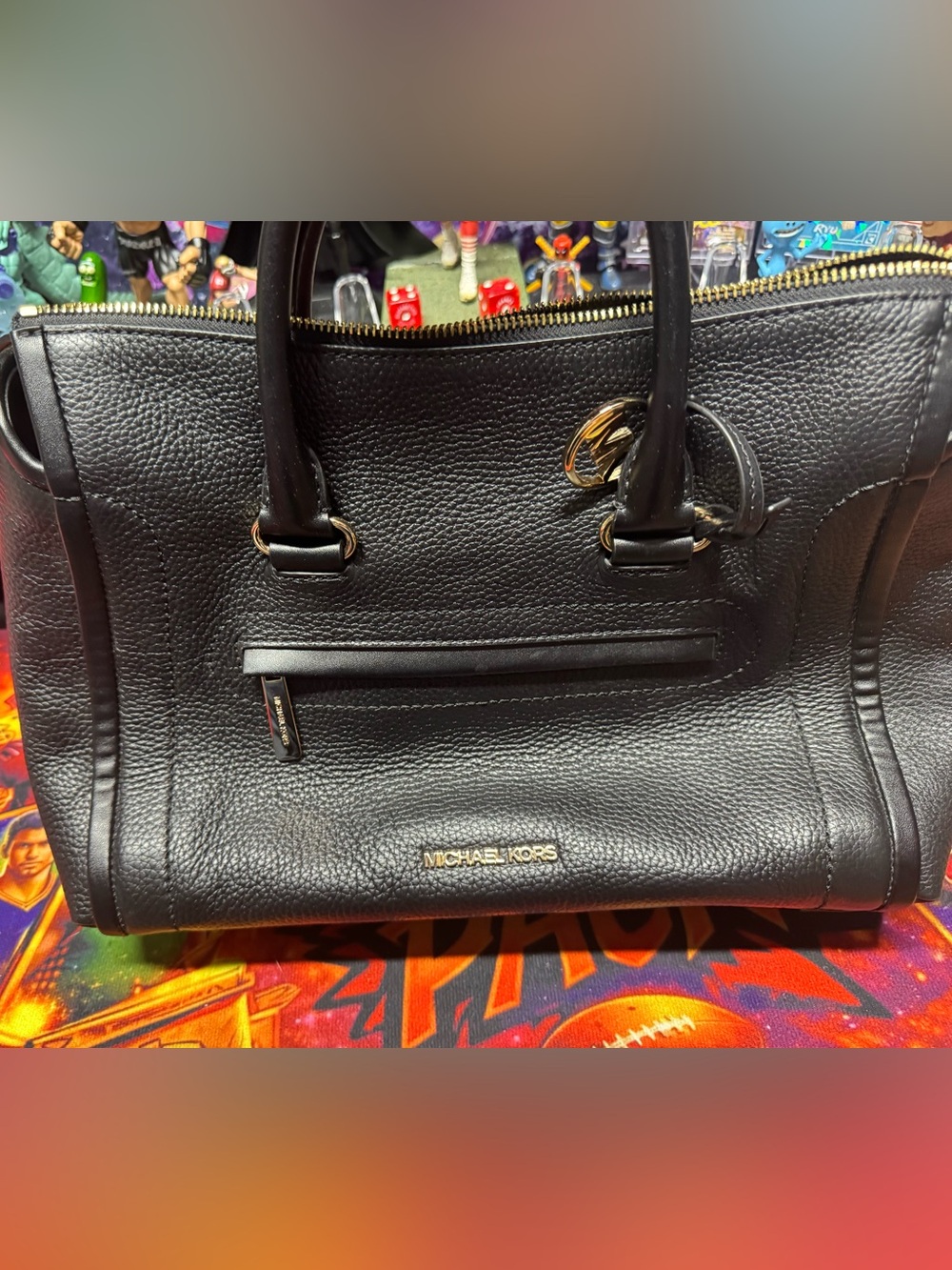 Michael Kors Black Pebbled Leather Satchel with Gold Hardware